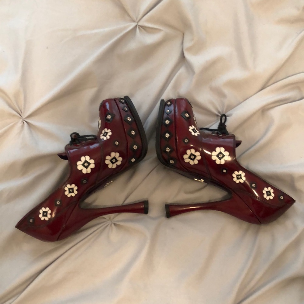 Prada iconic Burgundy Flowered Platforms.  Size 37.